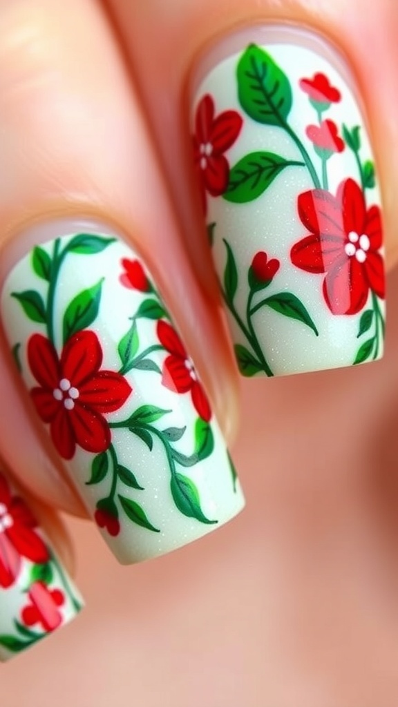 Christmas Nail Art with Kokina Close-up of Christmas nail art with kokina flowers in red and green.
